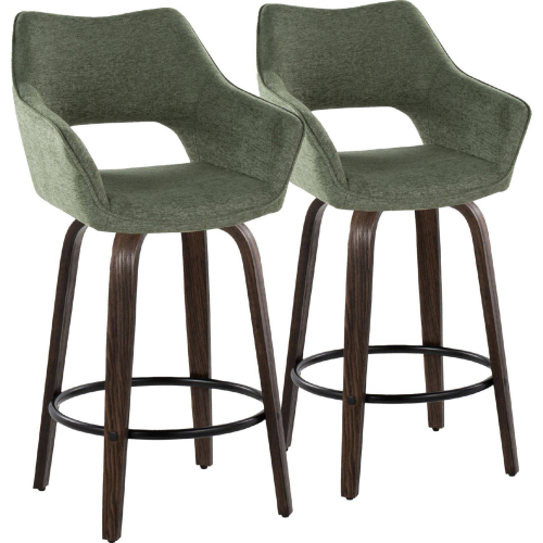 Mustang 26" Swivel Counter Stool in Walnut Glazed Wood & Green Fabric with Black Footrest (Set of 2)
